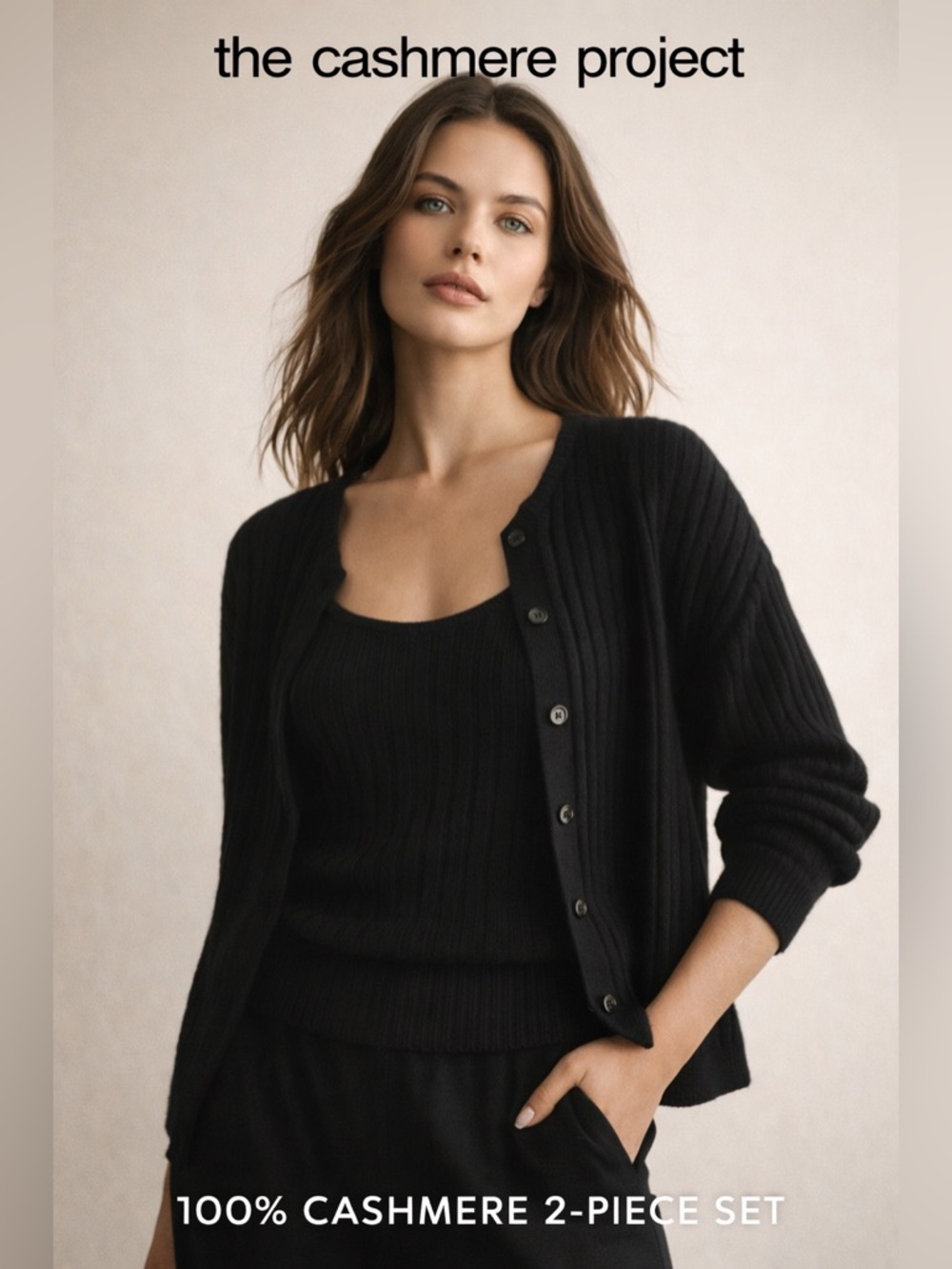 The Cashmere Project Black Ribbed Cashmere Cardigan & Tank Set